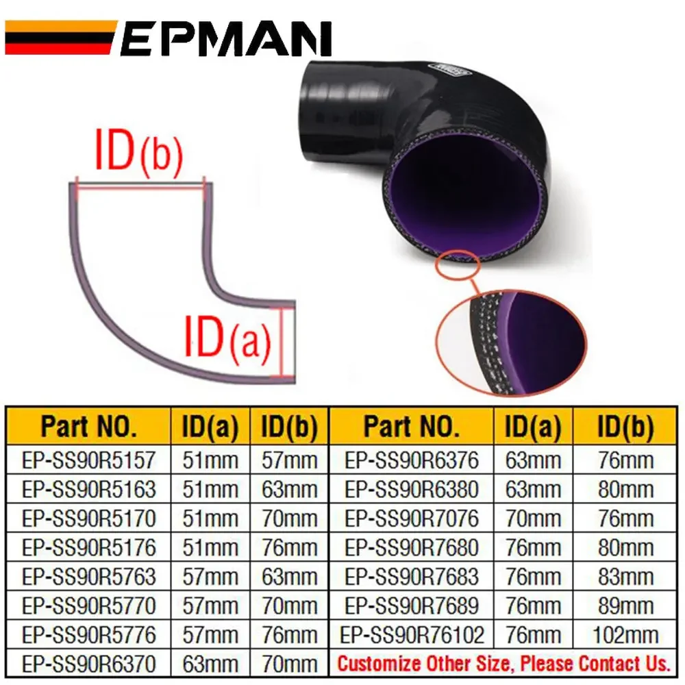 EPMAN 4-Ply Silicone 90 Degree Elbow Reducer Hose Black 63-80/76-80/76-83/76-89mm For BMW e39 EP-SS90R