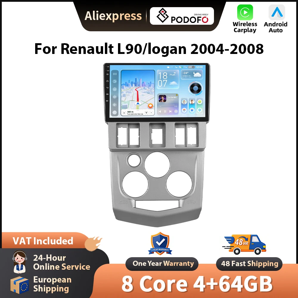 Podofo 9'' Autoradio für Renault L90/Logan 2004-2008, kabelloses CarPlay, Android-Autoradio, WIFI, GPS, 2-DIN-Radio, FM/RDS, BT