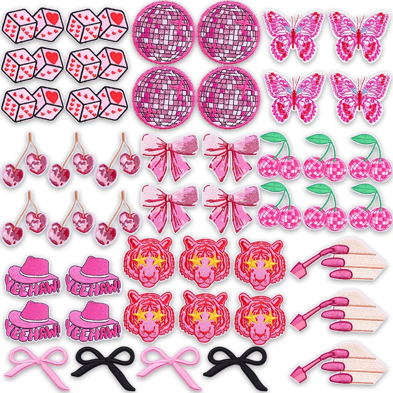 10PCS/Lot Girly Pink Disco Ball Bow Iron On Patch Shiny Embroidery Patches for Girls Jacket Bling Style Teen Fashion Accessory