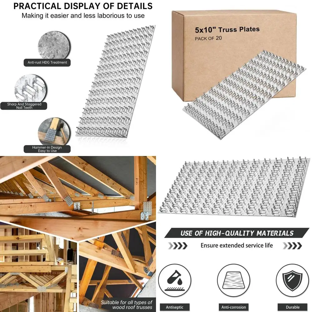 

5x10 Inch 20-Pack Truss Mending Plates with Nail Teeth for Roof Rafter to Truss Wood Connection