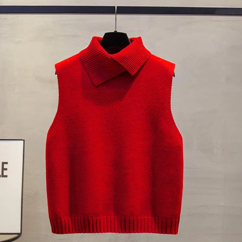 Koreanische einfarbige, ärmellose, vielseitige, lässige Strickweste mit Reverskragen für Damen für Herbst und Winter – Detail 8