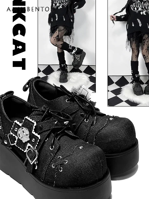 Original Punk Style Rivet Platform Shoes Subculture Y2K Hot Girl Lolita Mine Women Shoes Round Head Leather High Heels Students