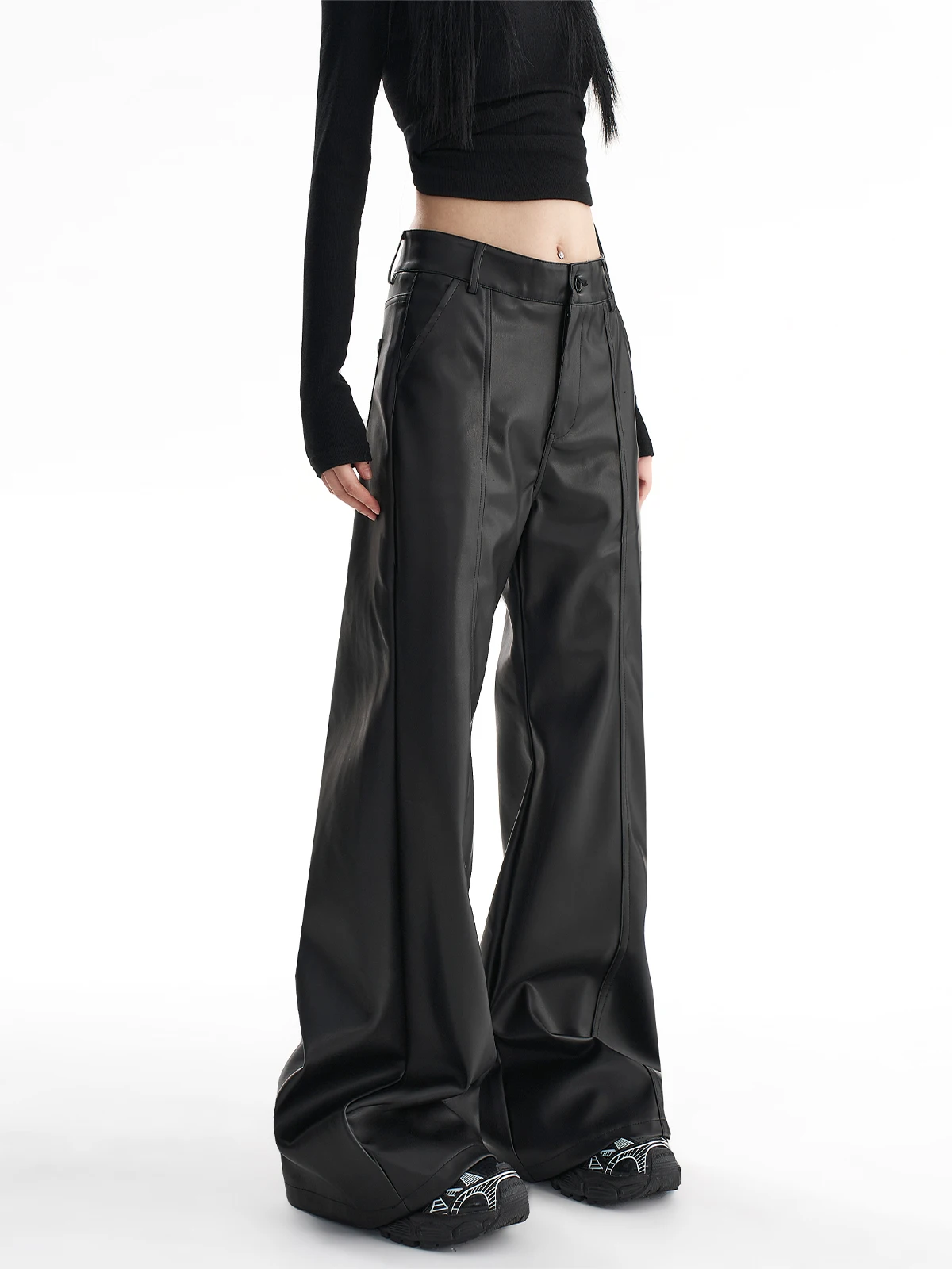 

AGUA 2025 Autumn Winter High Waist Wide Leg Micro Flared PU Leather Casual Pants Women's Loose Fit Bootcut Trousers