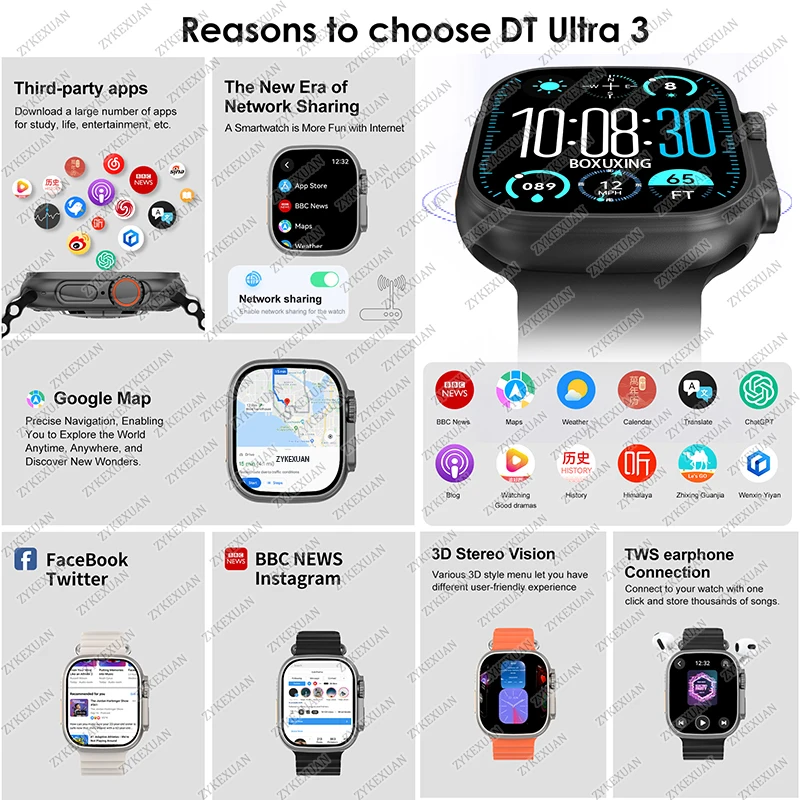DT Ultra 3 Smartwatch Amoled Screen 4GB MP3 MP4 Player Bluetooth Network Sharing APP Store ChatGPT Smart AI Watch Men Sportwatch