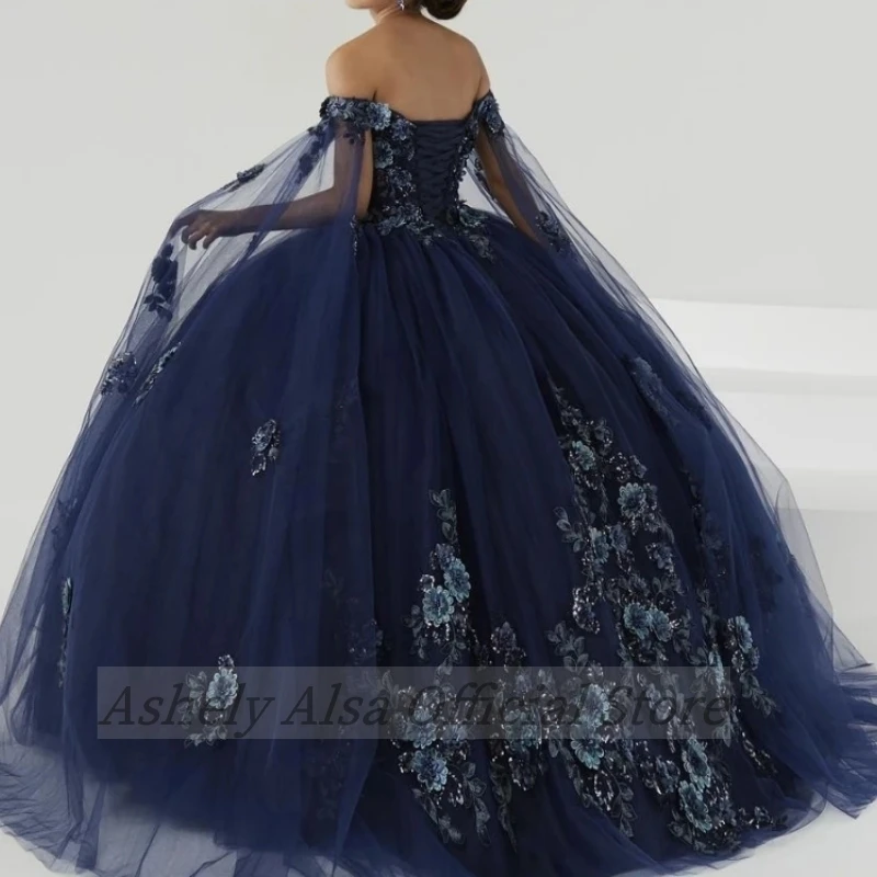 Customized Luxury Navy Blue Women Birthday Party Dress Off Shoulder Flower Ball Gown Vestidos De 15 Quinceañera Sweet 16 14 VX