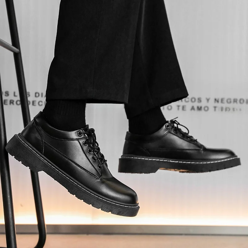 

Men's Business Casual Low-Top Lace-Up Leather Shoes Black Commuter Derby Shoes Breathable round Toe Flat Heel Spring Autumn