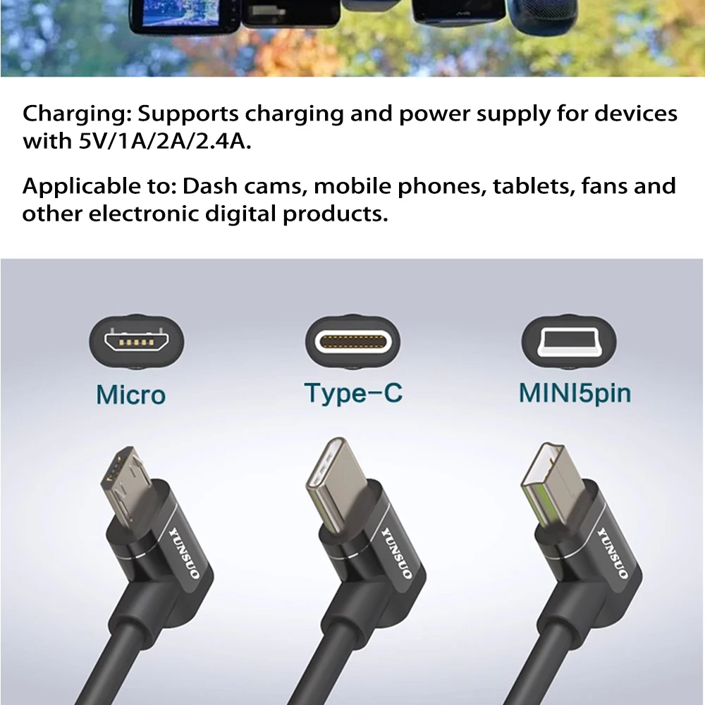 Imagen 3: 90 grados codo en ángulo USB C tipo C Micro USB cámara de salpicadero Cable de carga teléfono celular estabilizador de cardán extensión corta de alimentación