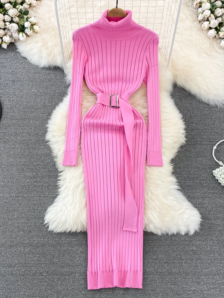 Y2K Knitting Dresses for Women's 2024 Vestidos De Mujer Turtleneck Tunic Solid Robe Femme Fashion Sexy Bodycon Winter Belt Dress