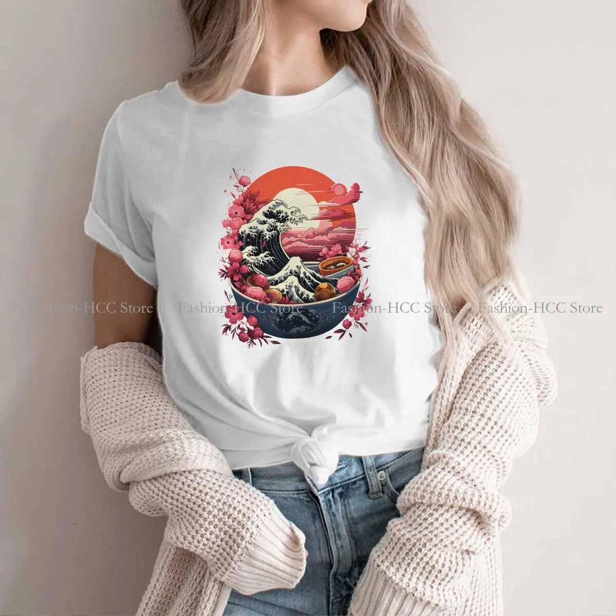 The Flowers O Neck TShirt The Great Ramen Off Kanagawa Original Polyester T Shirt Woman's Clothes Fashion