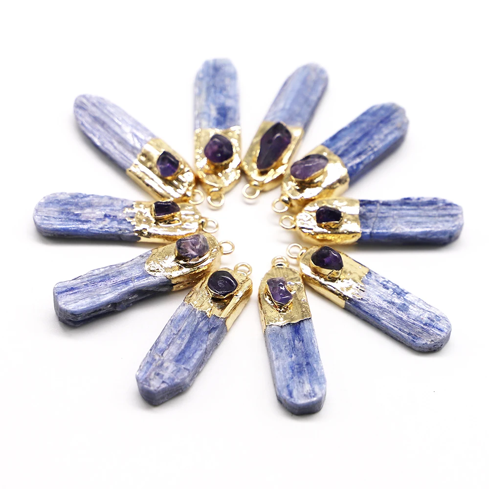 

New Natural Stone Blue Kyanite Amethyst Pendants Charms Jewelry Plating Gold Side Raw Kyanite Nugget for Necklace DIY Findings