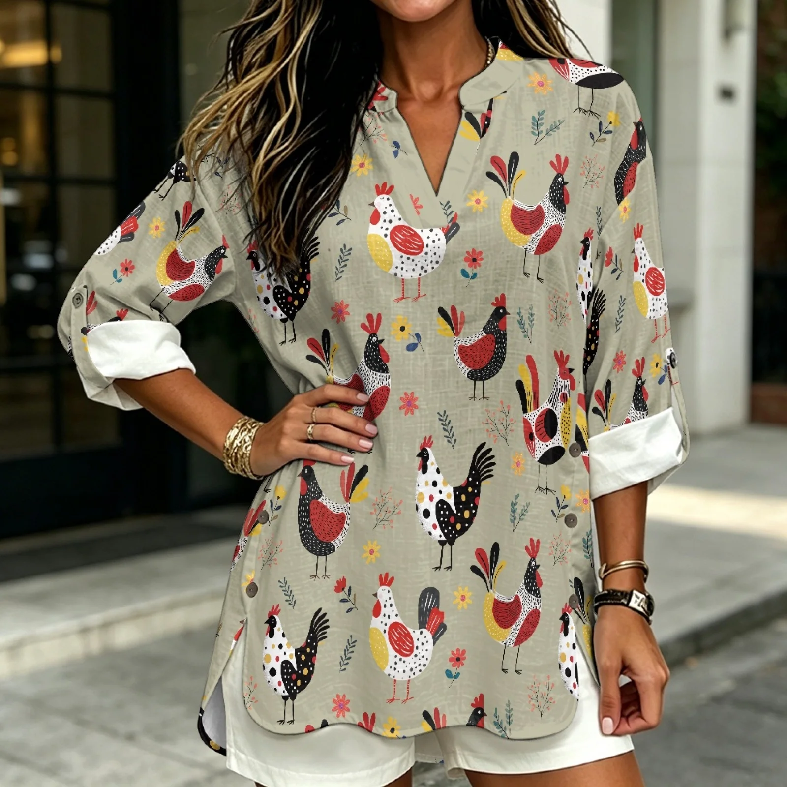 PENSTROLL Spotted Rooster Curved Hem Long Sleeve Tops for Women for Ladies Linen Style Casual Loose Fit Blouses Tunic Tops