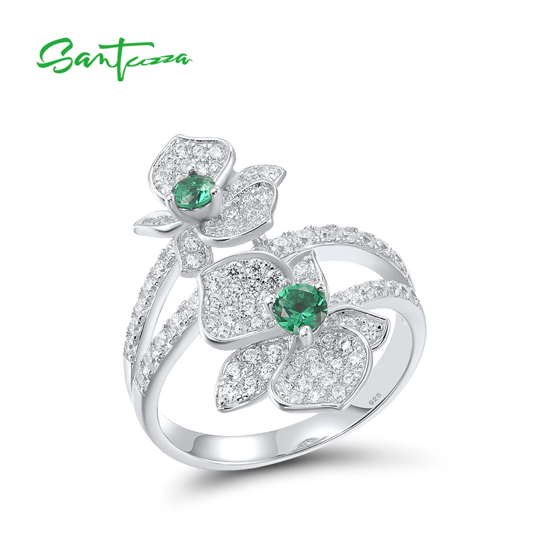 SANTUZZA Authentic 925 Sterling Silver Rings For Women Sparkling White CZ Green Spinel Orchid Flower Elegant Gifts Fine Jewelry