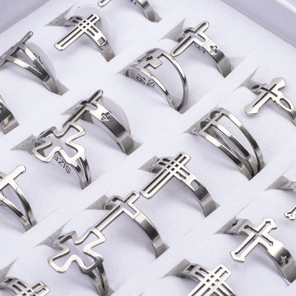 36Pcs/Lot Wholesale Stainless Steel Ring For Hollow Cross Jewelry Charms Finger Decoration Gift