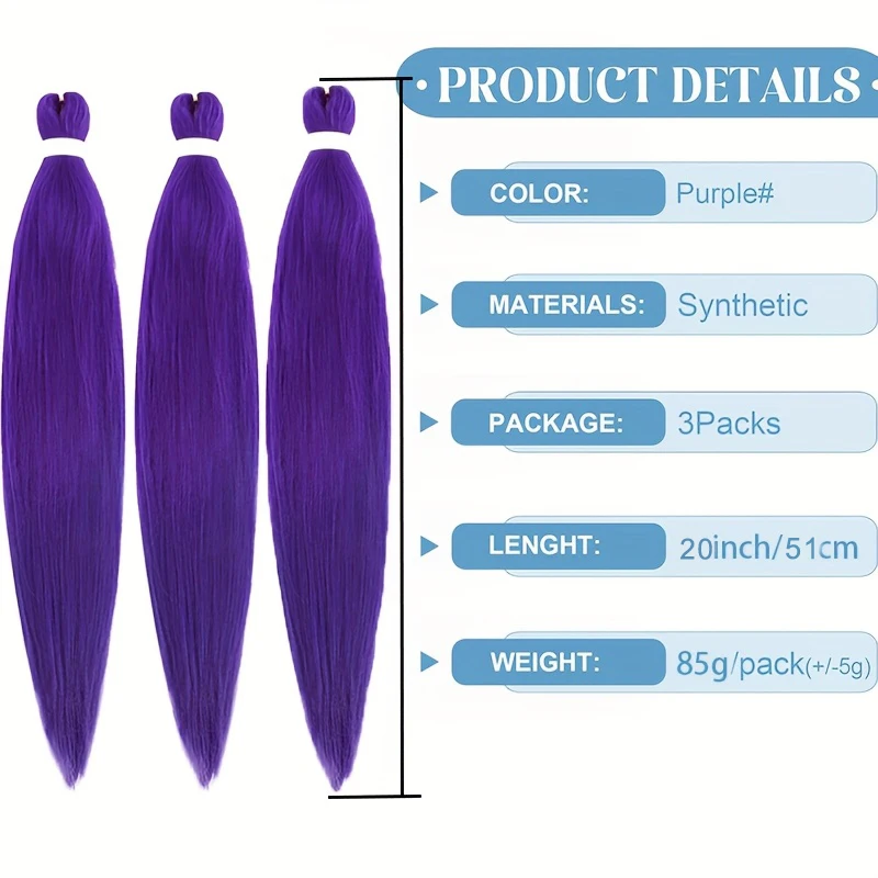 3ps Purple Pre-stretched Braiding Hair Extension 20'' Braid Yaki Synthetic Crochet Braiding Twist Hair Halloween Costume Cosplay