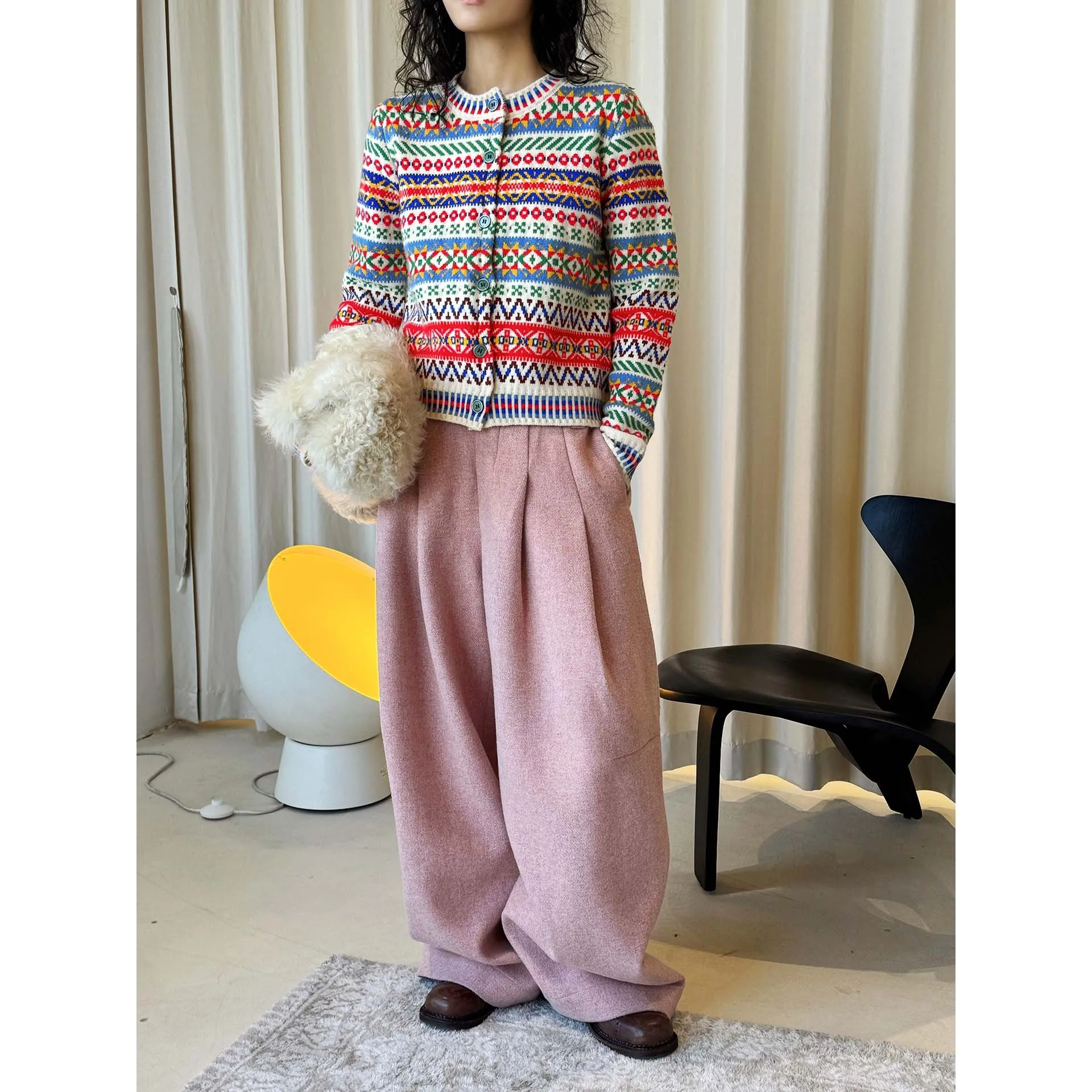 الربيع الرجعية العرقية نمط كتلة اللون الجاكار محبوك الصوف سترة مريحة الدافئة للنساء