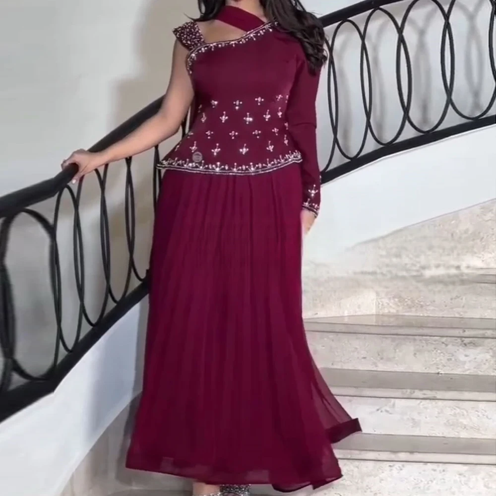 

Customized A-line Evening Dresses Ankle-length V-neck Full Sleeve Prom Gown Fashion Crystal Pleat Simple Draped Party Gown