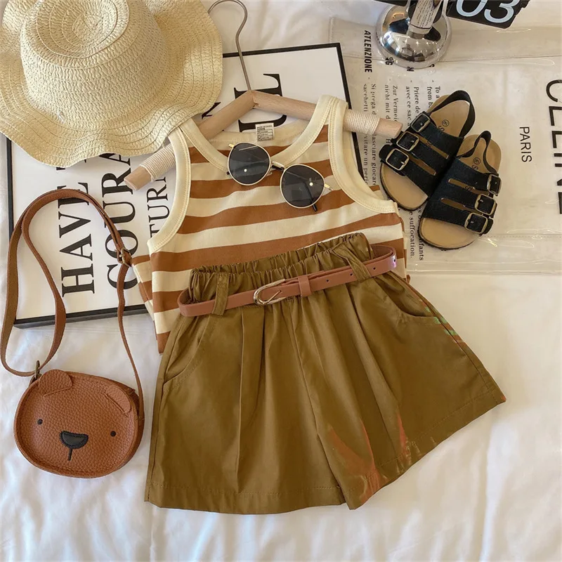 

Summer Baby and Girls Boys Stylish Cotton Striped Contrast Waistcoat+Loose Shorts School Kids 2PCS Set Children Outfit 3-14 Yrs