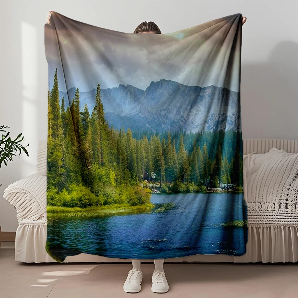 

Custom Flannel Cozy Blanket Landscape Tree Water Forest Art Deco Weighted Blanket Decorative Throw No-shedding Ultra-soft Touch