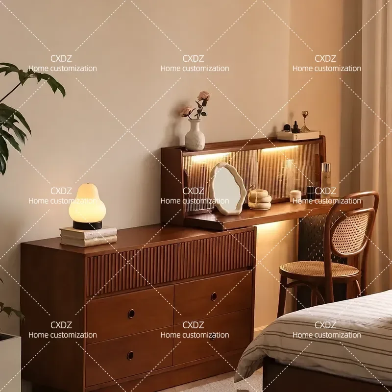Medieval Solid Wood Makeup Table Dresser Integrated Cabinet Retro Style Chest for Small Apartment Bedroom Corner End of Bed