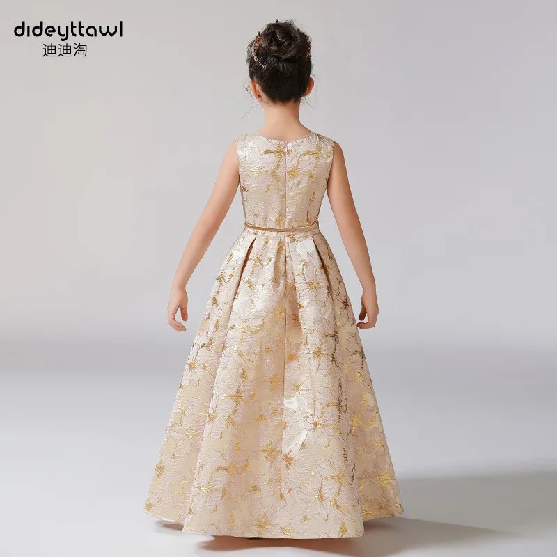 É yiiya personalizado vestidos da menina de flor dourado floral o-pescoço sem mangas a linha plissado zíper volta até o chão crianças vestido t152