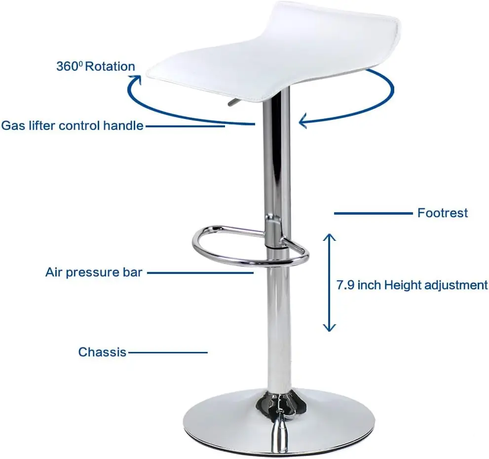 Taburetes de Bar giratorios ajustables con cuero PU y Base cromada, sillas de mostrador de Pub Gaslift, blanco