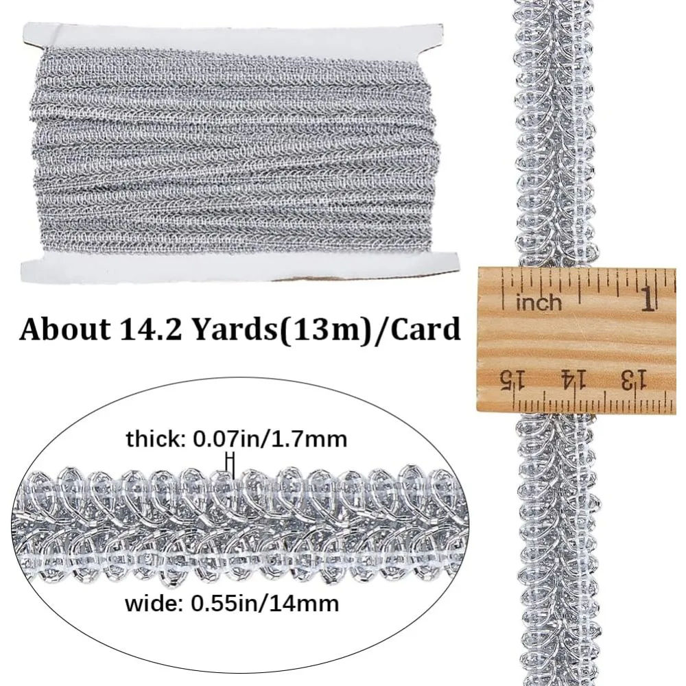 14.2Yds شريط معدني فضي جديلة حواف الأعرجاب 1/2 بوصة متموجة مزخرفة من البوليستر المسطح شريط جاكار منحنى حافة البندقية