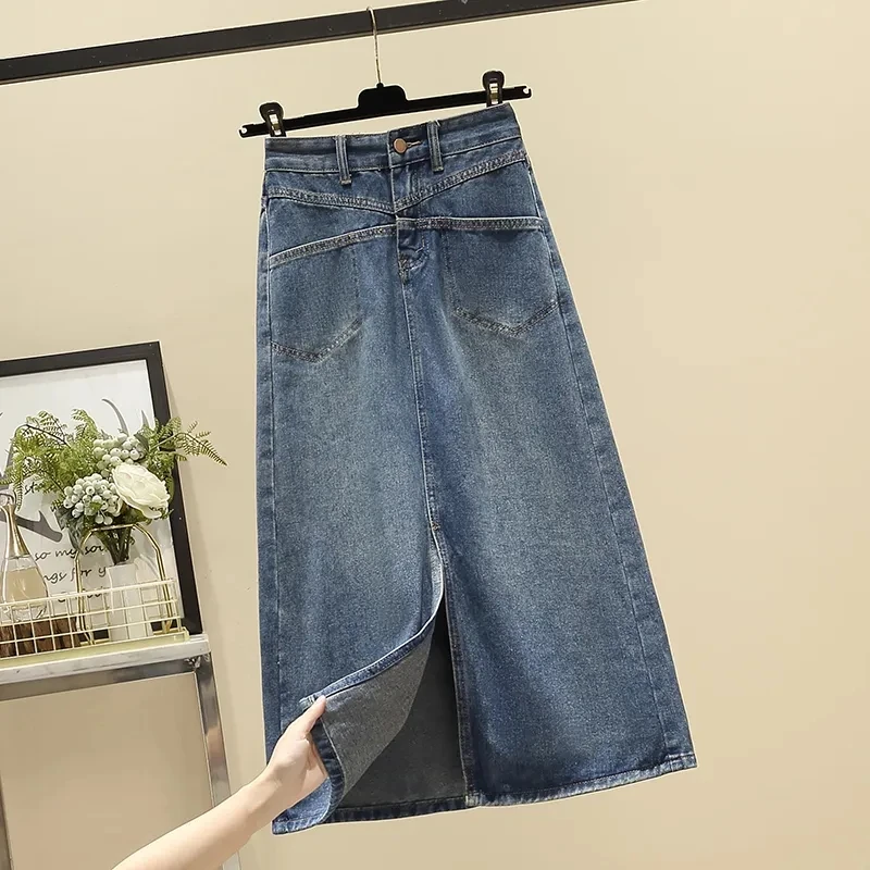 

Vintage High Waist Denim Split Skirt 5XL Women 2023 Spring Autumn New Korea Slim Long A Line Denim Skirt Ladies Casual Clothing