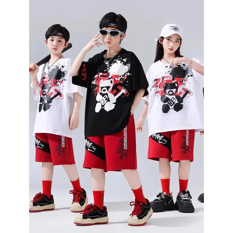 Unisex Kids Kpop Hip Hop Dance Outfit Black White Print T-Shirt Red Loose Summer Shorts Girls Boys Jazz Stage Costume Set