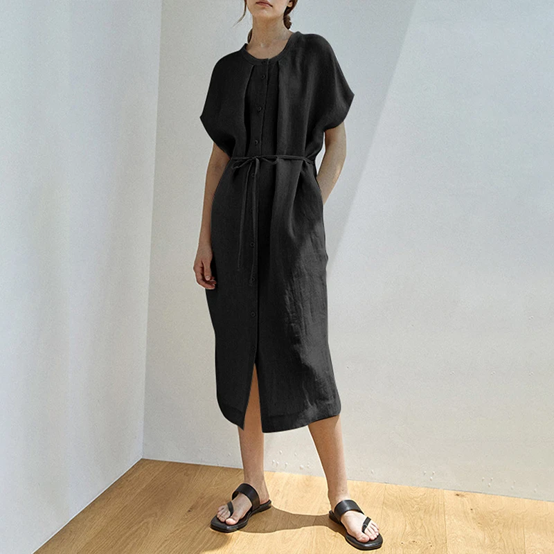 100% abiti da donna eleganti In lino per la festa 2023 abiti estivi Casual a maniche corte arricciati novità In abiti prendisole da spiaggia