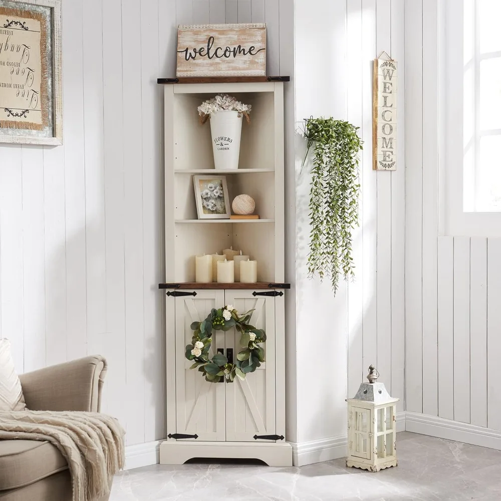 Tall Corner Cabinet, Farmhouse Storage Cabinet with Barn Door Design & Adjustable Shelves, Home Space Saver for Bathroom