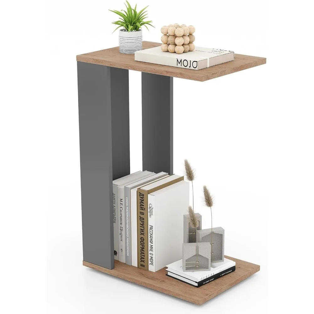 Rolling C-Shaped End Table, Mobile Couch Table with Bottom Shelf & 4 Concealed Universal Wheels