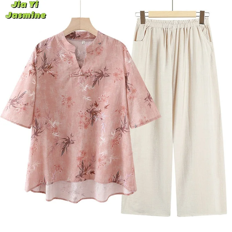 Conjunto de estilo chino occidental para mujer, camiseta China holgada con cuello en V, conjunto de manga corta 2024