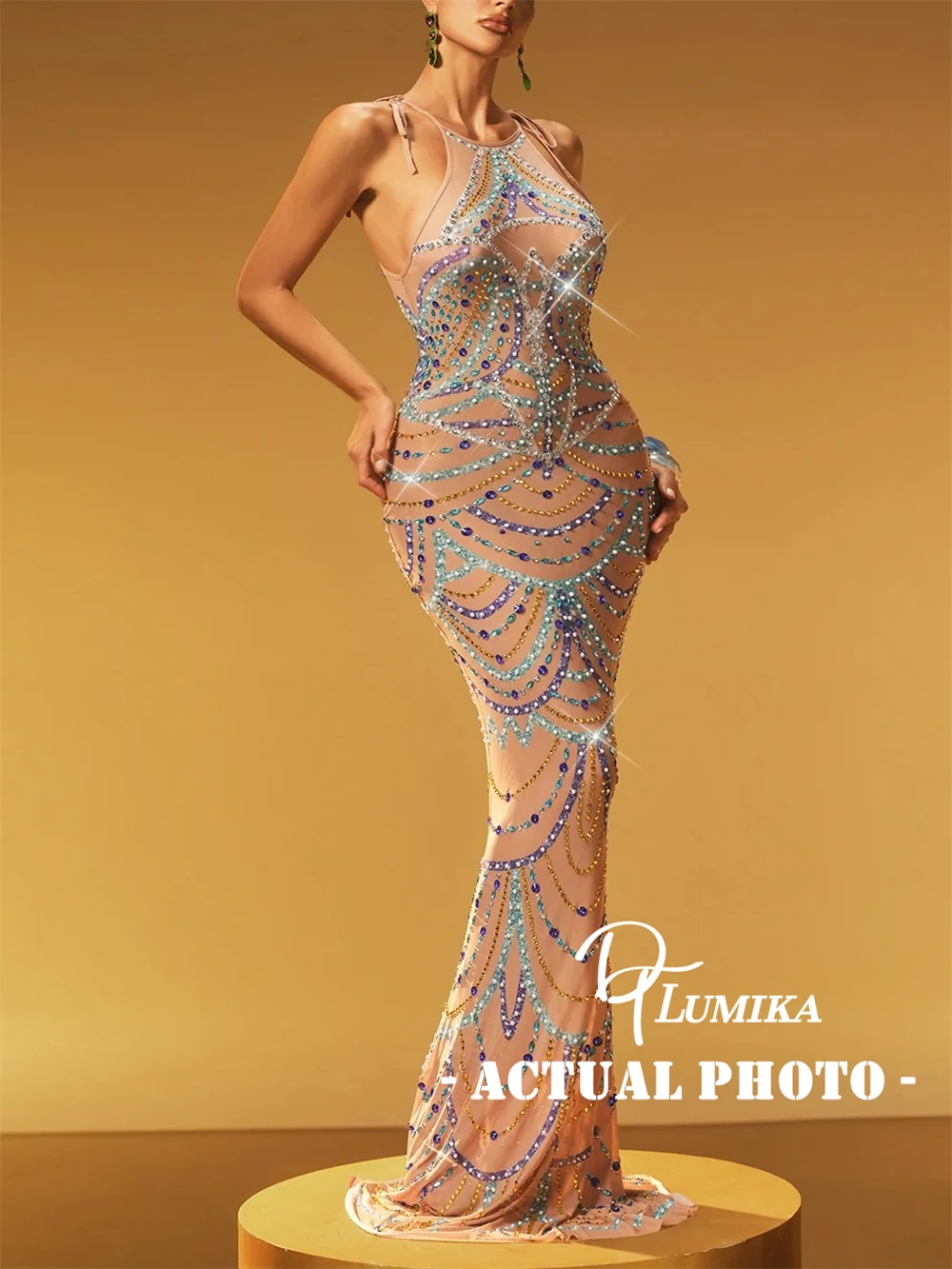 DTLumika Beaded Halter Long Evening Dresses for Women Luxury Long Prom Party Gowns Rhinestones Actual Photo Formal Maxi Gown