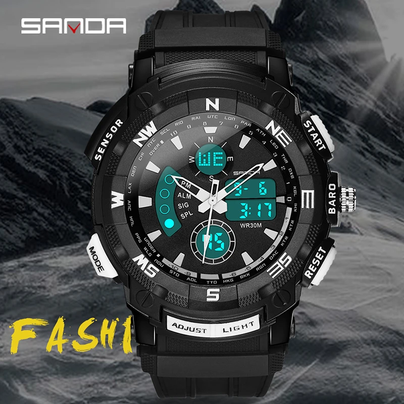 SANDA Mens Watches Multifunctional Dual Display Watch Sports Chronograph Automatic Calendar HD LED Luminous Waterproof Reloj 775