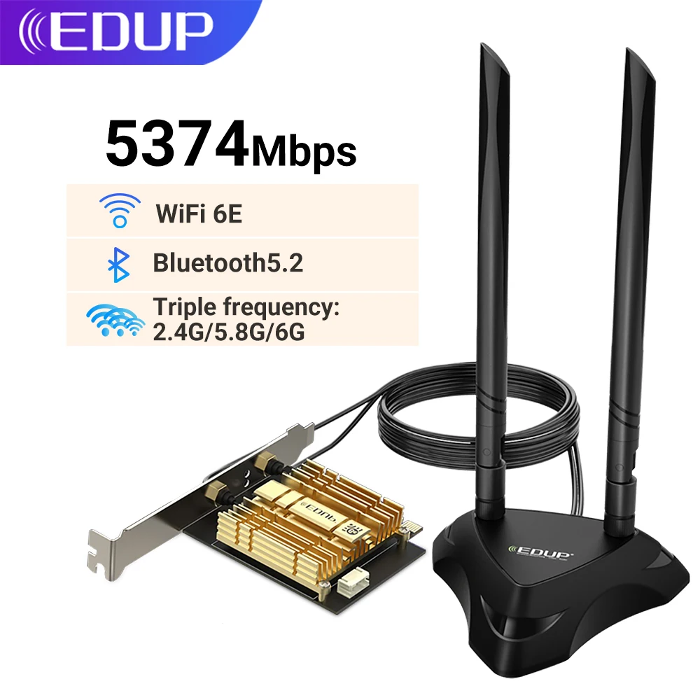 

EDUP 5374Mbps WiFi6E Intel AX210 PCIE Wireless WiFi Adapter 2.4Ghz 5.8Ghz 6Ghz 802.11AX For Bluetooth5.3 WiFi6 Card For Win10 11