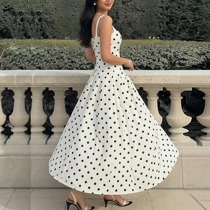 V Neck Polka Dot Dress Maxi Length Refined Commuter with Elegant Polka Dot Pattern High Waist Loose Fit Open Back Women Dress