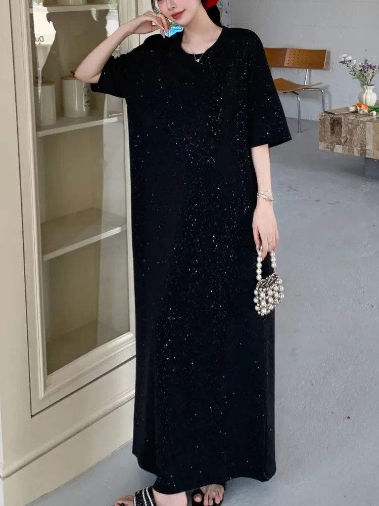 Vestido negro largo suelto con camiseta para mujer, vestido de verano de gran tamaño para mujer, vestido coreano elegante Viatage, Vestidos para mujer