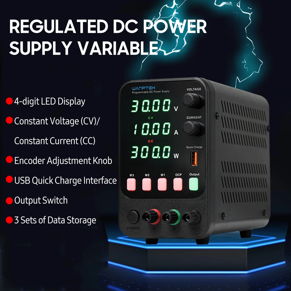WANPTEK Bench DC Power Supply Variable 30V 10A Digital Display Adjustable Switching Regulated Power Supply CV CC