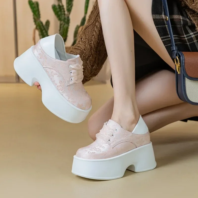 11cm Denim Print Cloth Platform Wedge Shoes Chunky Sneaker Casual Synthetic Leather Comfy High Brand Spring Autumn Shoes