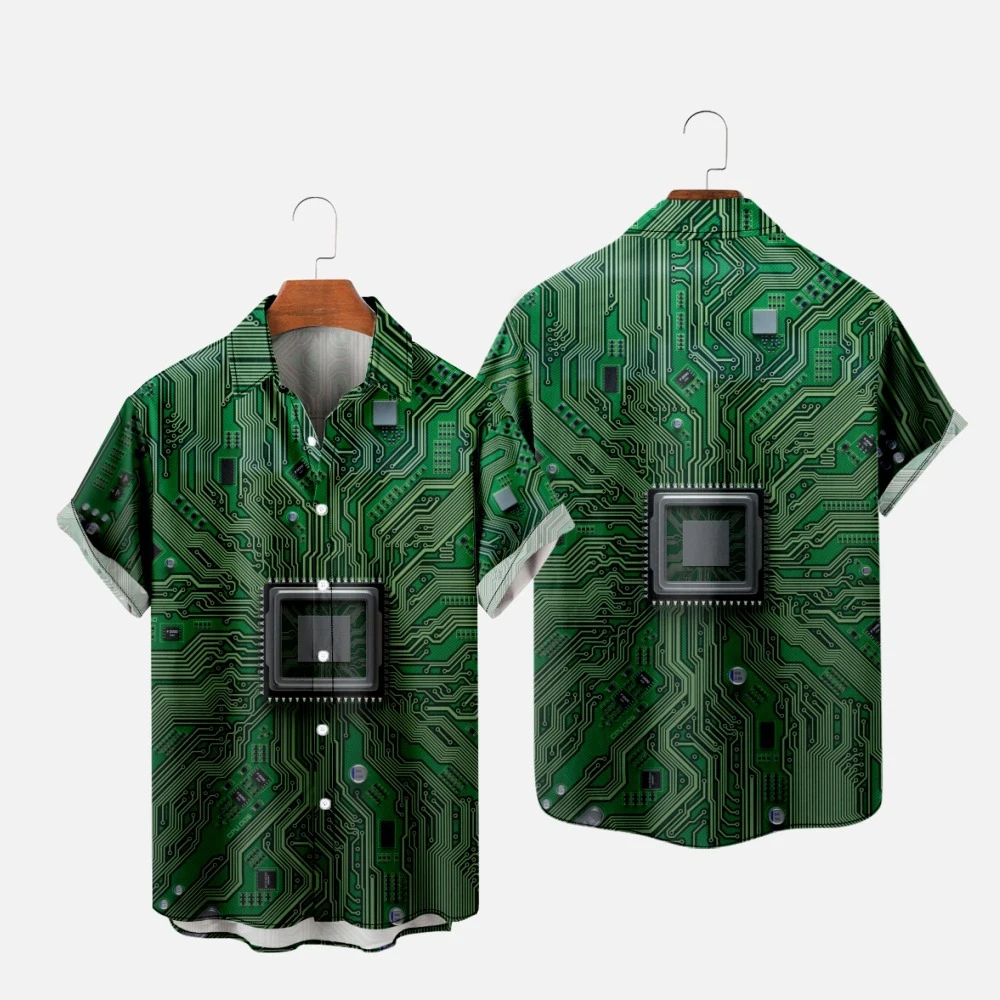 Man Hawaiian Button Up Shirts Hombre Fashion Shirt Circuit Board 3D Printed Warm Casual Short Sleeve Beach Oversized Clothes
