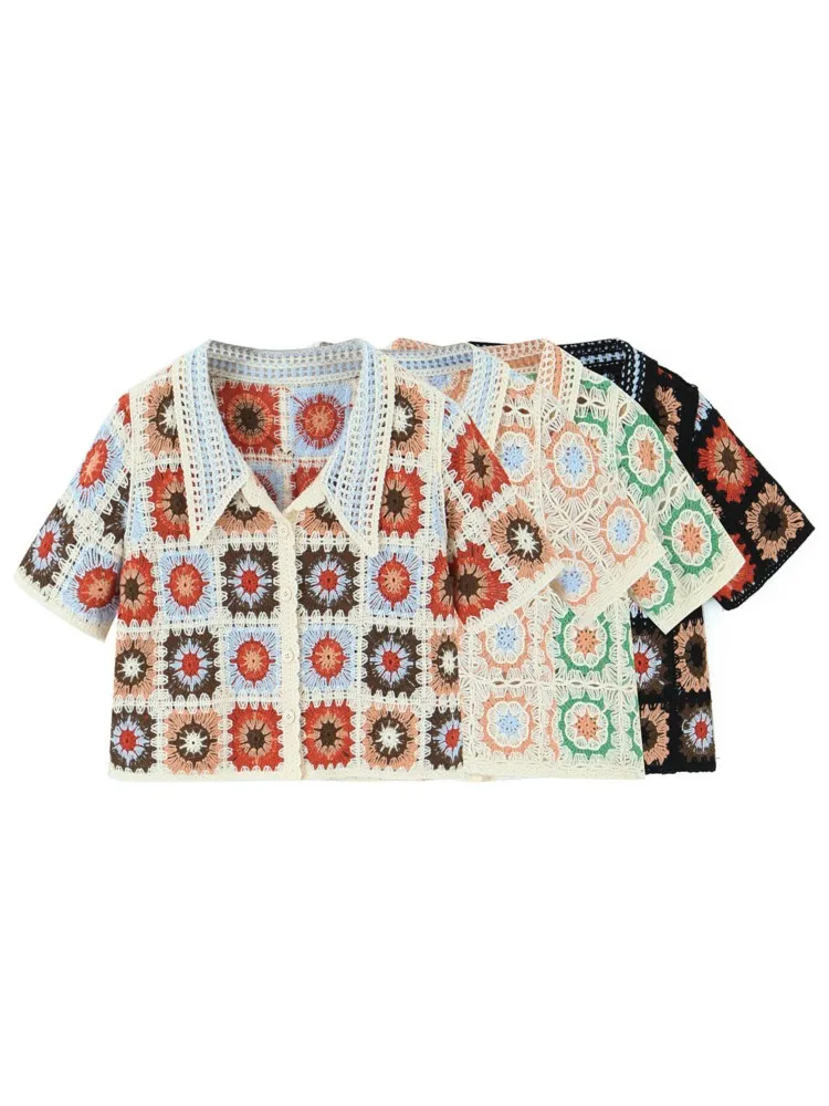 2023 BOHO Hollow Out Crochet Geometric Flower Short Sleeve Cardigan Women Summer Holiday Front Buttons Lapel Sweater Crop Tops