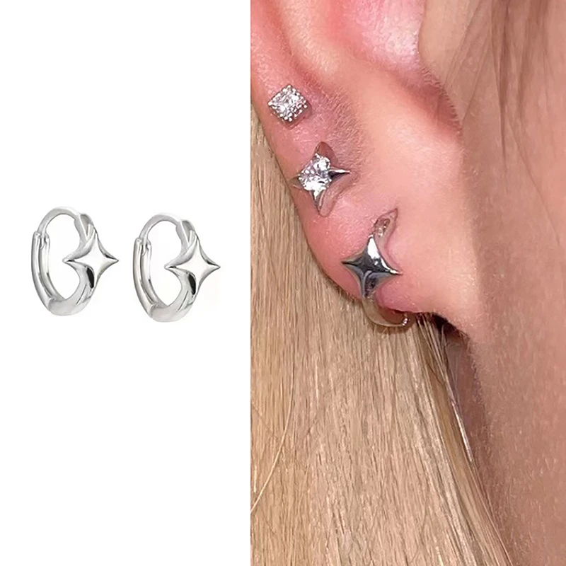 Fashion Asymmetric Four-pointed Star Hoop Earrings For Women Fairy Earring Simple Silver Color Aesthetic Jewelry Gifts