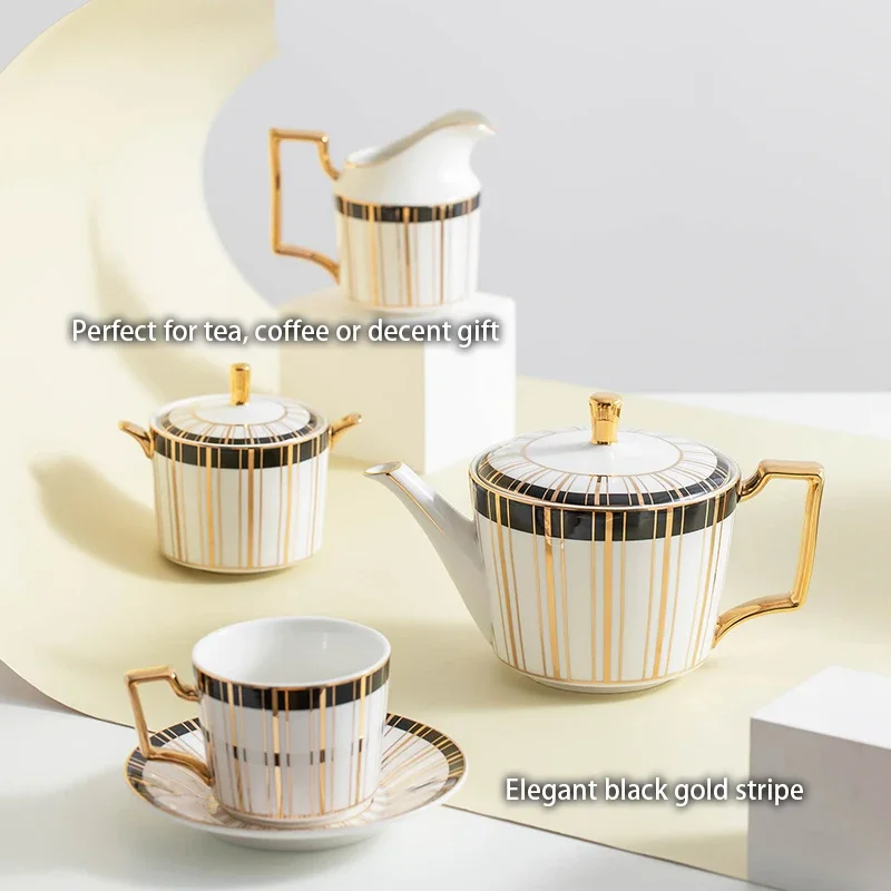 Gold Inlay Bone China Coffee Set Luxury Porcelain Tea Advanced Pot Cup Ceramic Mug Sugar Bowl Creamer Teapot Party Drinkware