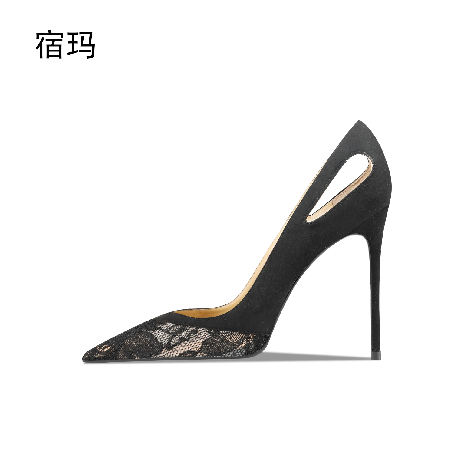 luxury women\'s shoes Lace Splice Black Shoes for Women High Heels Shoes 2024 Luxury Pointed toe Pumps Thin heel Shallow Prom Par