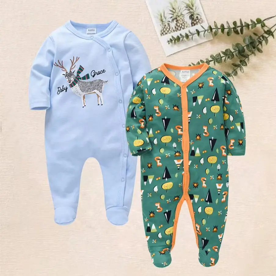2 Pieces Newborn Baby Footed Onesie Set Long Sleeve Cotton Christmas Deer & Forest Animal Print Infant Jumpsuit