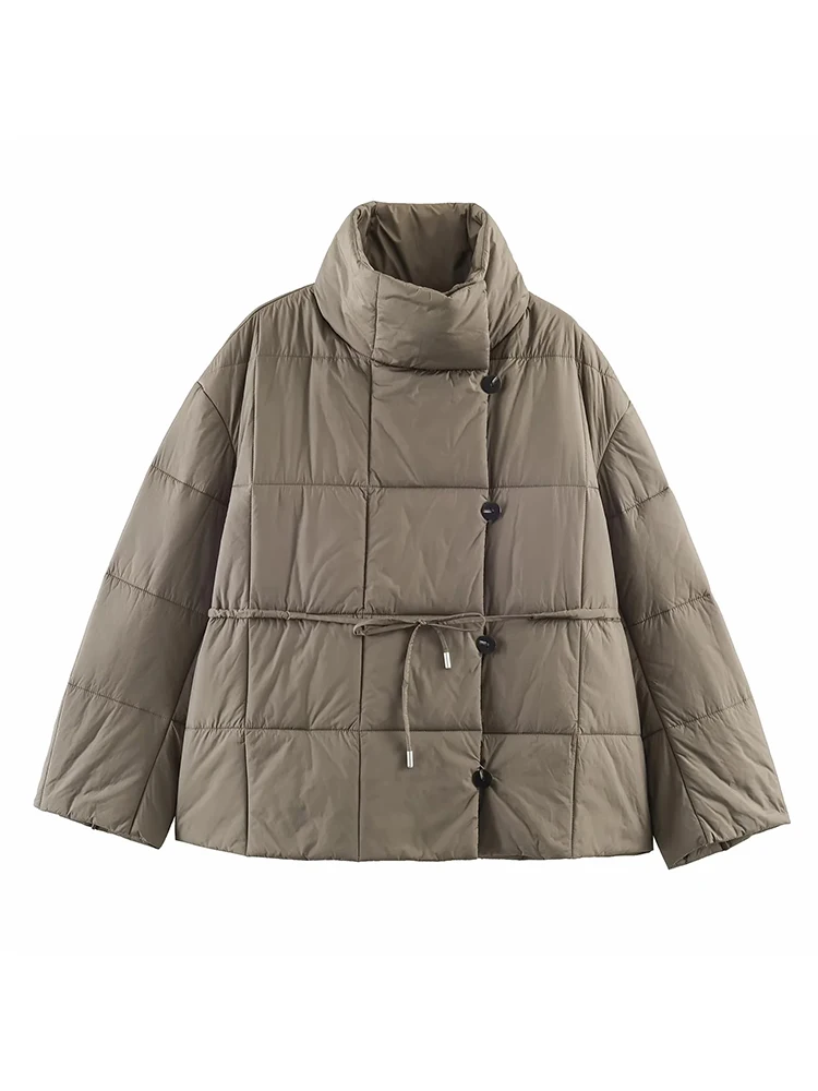 

Women's Buttoned Tie-Waist Stand Collar Cotton-padded Jacket Solid Long Sleeve Winter Cozy Women Outerwear Chic Casual Lady Coat