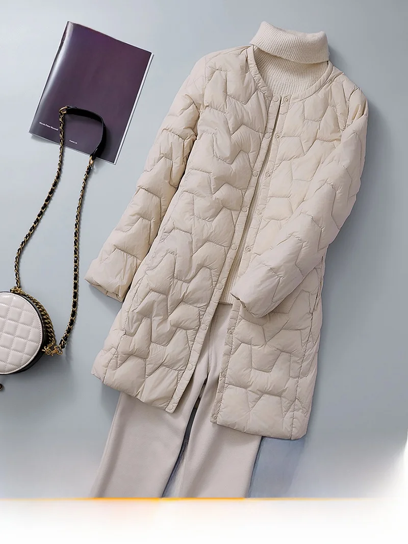 White Duck down Mid-Length Women's Jacket Collarless round Neck plus Size Korean Style Commute Fashion Padded Coat