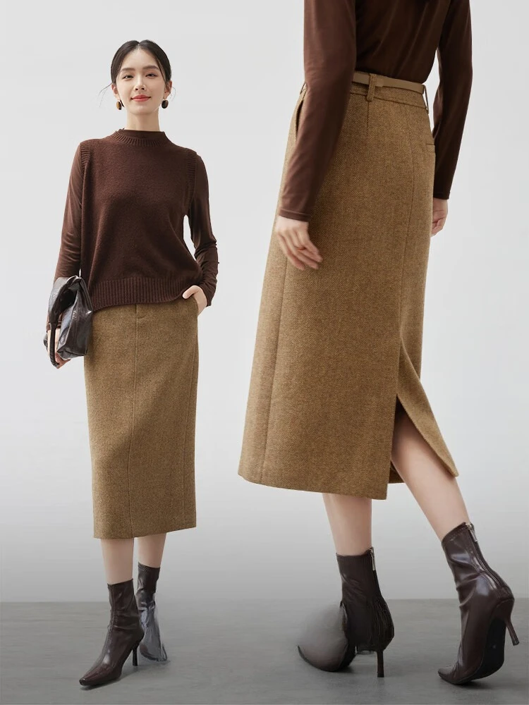 

SENTUBILA 41.9% Wool Blend Winter Midi Skirt Woman 2025 Fashion Office Lady Elegant Split Skirts 144Q57214