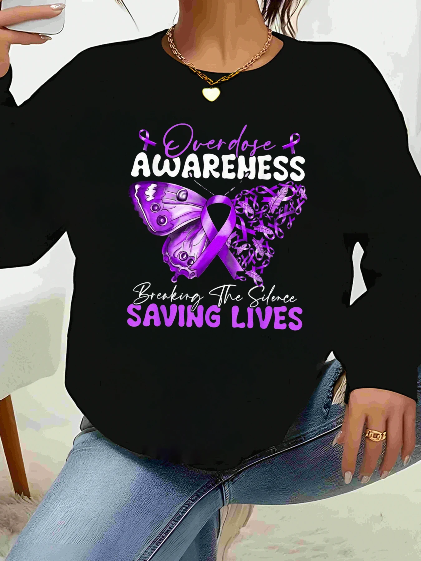 Overdose Awareness Butterfly Ribbon Print Long Sleeve T-Shirt for Women Casual Wear Support Campaign