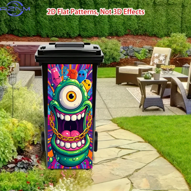 37*82cm / 14.57*32.28 Inches / Trash Can Sticker, One-Eyed Green Monster Themed Design. This Matte Surface Sticker Is Suitabl
